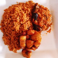 Jollof rice+goat meat+ plantain