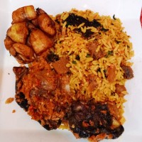 Village rice+2goat meat+plantain