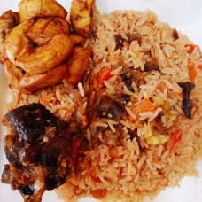 Goat meat jollof rice+goat meat+plantain