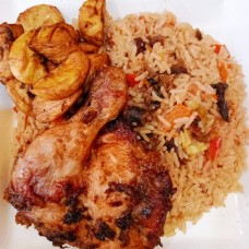 Goat meat jollof+grill chicken+plantain