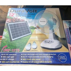 Duravolt 12 inches rechargeable fan with solar panel