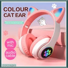 Cute cat headphones bluetooth girls glowing wireless earphones with built-in mic,  mp3 player- pink