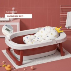 Foldable baby bathtub with thermometer and bath cushion red