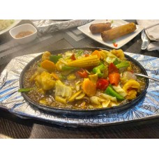 Prawns in hot plate and steamed rice